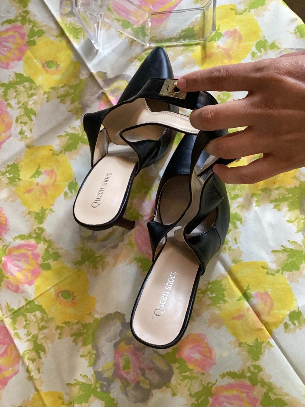 Queen Shoes Black Faux Leather Cutout Slingback Pumps Size 8.5 Pointed Toe